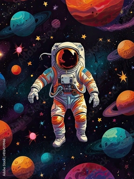 Fototapeta A lone female astronaut adrift in the darkness of space, her spacesuit the only light against the inky void