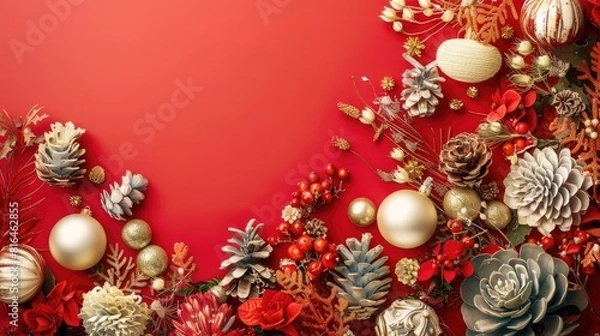 Fototapeta Festive ornamentation against a red backdrop