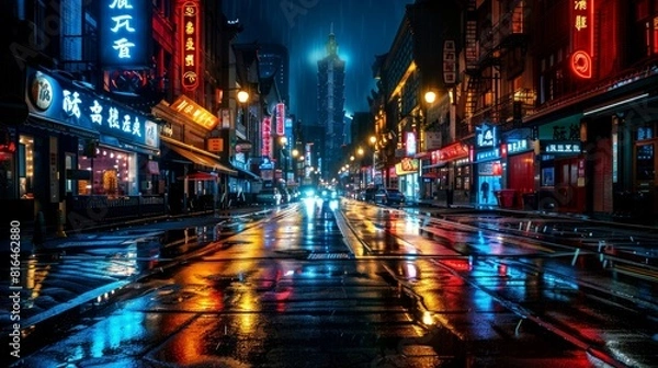 Fototapeta A city street at night with cars and buildings