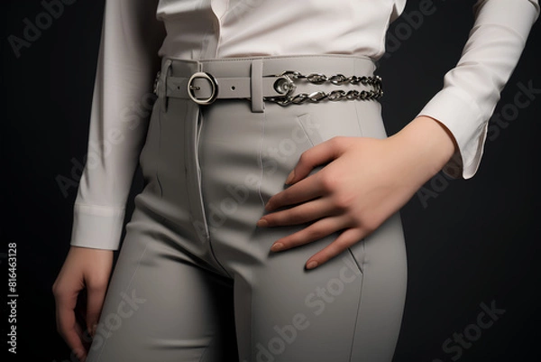 Obraz Gray women's business pants, with a high waist and a chain on the belt. A model's body fragment in a jacket, trousers and white shirt. 