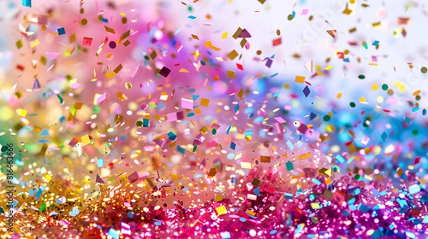 Fototapeta Close-up of vivid rainbow confetti and glitter spreading down on a white background with copy space for text. Background design for the Pride month festival or a creativity idea.