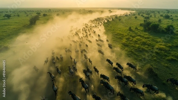 Fototapeta An aerial view of a wildebeest migration, showing the grand scale of the herd moving like a living river across the Serengeti, dust clouds forming a natural trail in their wake. Created Using: drone