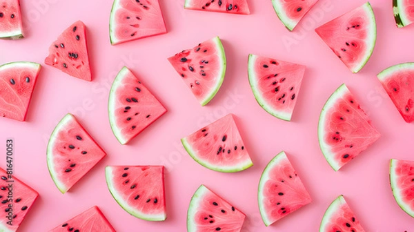 Fototapeta Creative summer pattern made of watermelon slices on a pink background in a minimal flat lay top view concept