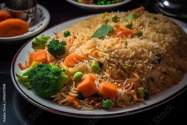 Obraz a plate of rice with broccoli and carrots on it.