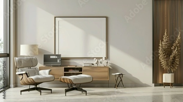 Fototapeta 3D Render: Home Office Wall Poster with ISO A Paper Size Frame Mockup