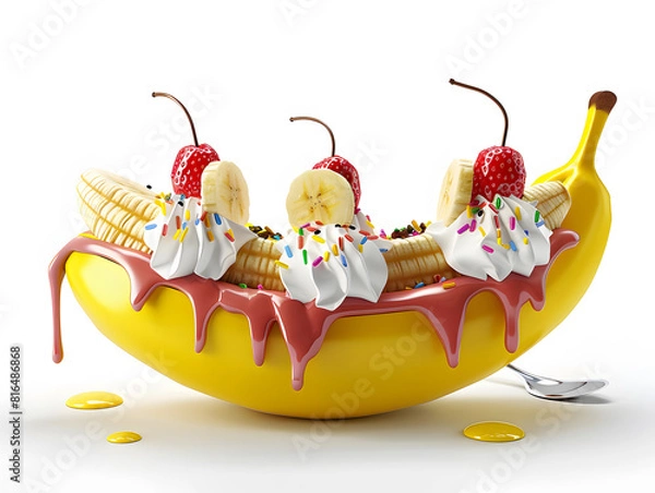 Fototapeta A banana split with toppings and ice cream on a white background. "Write a poem inspired by the colors of a banana split." 3D, Printing, Generate AI.