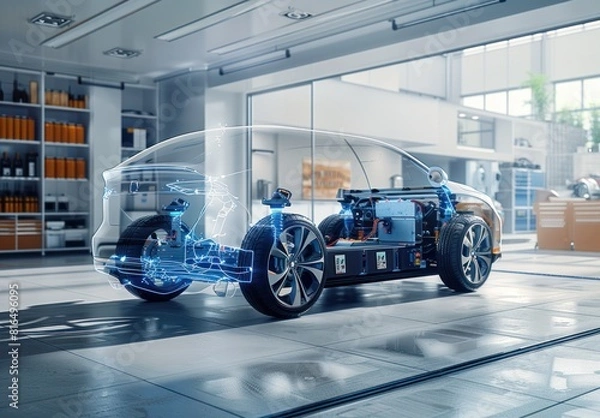 Fototapeta A car is on display in a showroom with a futuristic design