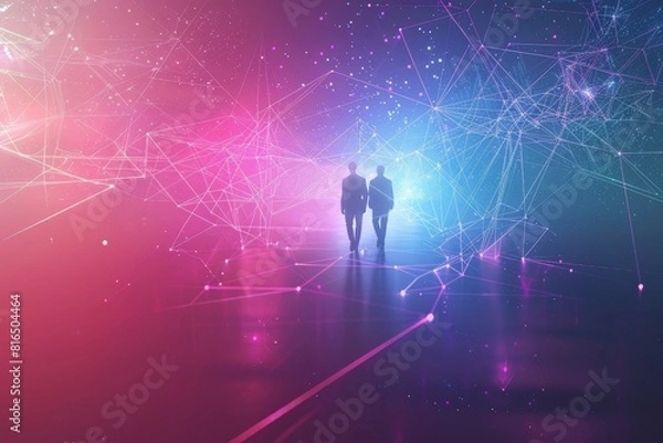 Fototapeta Humans linked by ethereal, luminous threads representing connectivity and communication, AI generated