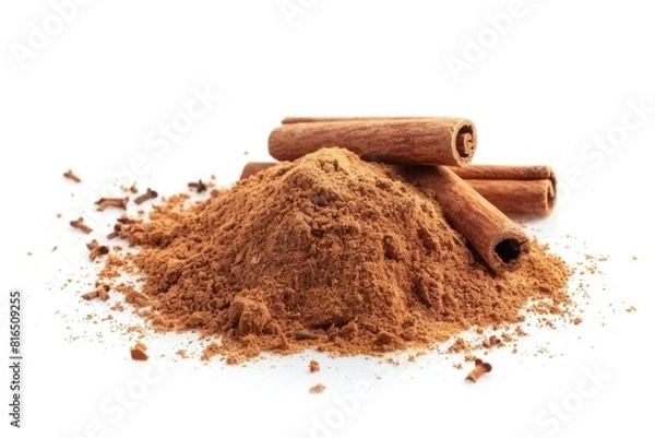Fototapeta A pile of cinnamon powder with two cinnamon sticks. Great for food and spice concepts