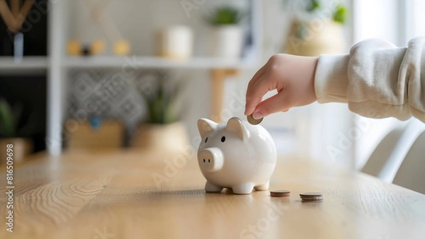 Obraz Start with pennies and save in a piggy bank - small habits add up to big things. The importance of saving.