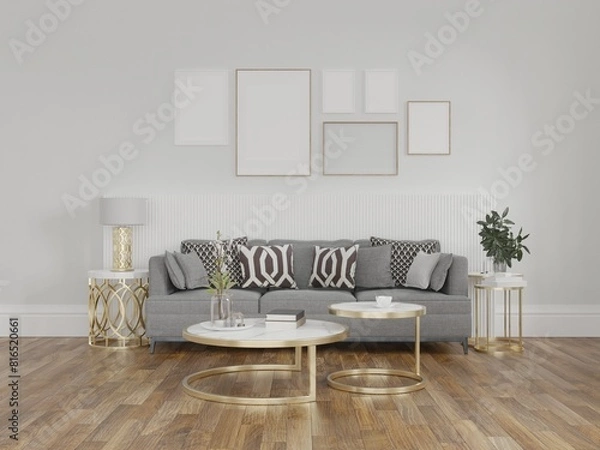 Fototapeta Frame interior, mockup frame, poster wood living room in empty picture interior in illustration 3d rendering.