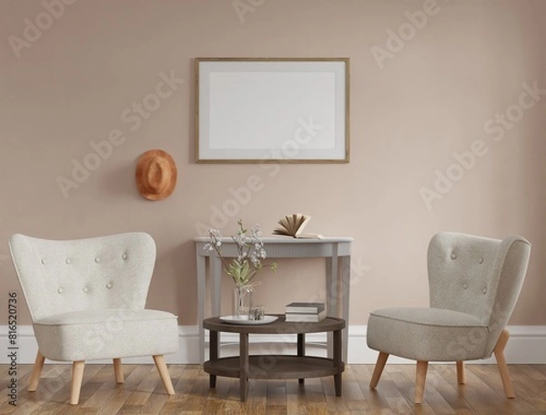 Fototapeta Mockup frame, poster in home living elegance design, cozy element mockup interior, 3d rendering.