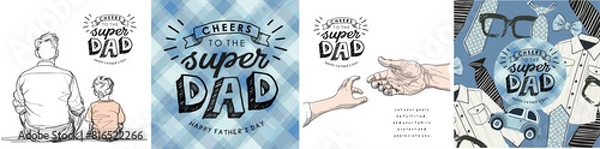 Obraz Happy Father's Day. Line art. Vector minimalistic cute illustrations of dad and son, baby and father's hands, logo, plaid fabric for background and pattern for greeting card, postcard, poster or flyer
