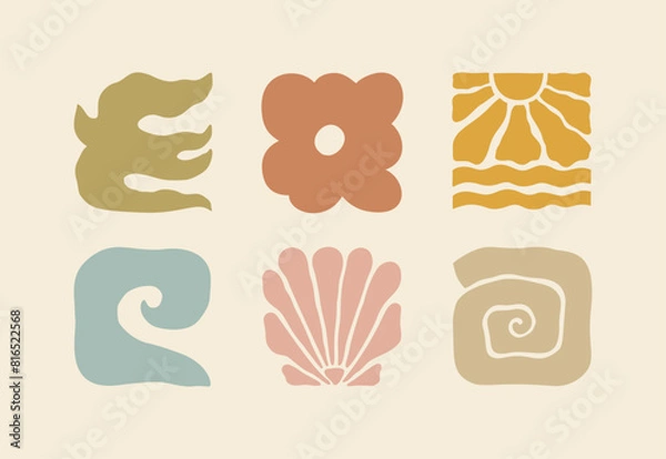 Obraz Boho Summer Beach Illustration Set. Groovy Geometric Sun, Seashells, Bird, Wave and Flower. Vector Abstract Square Tropical Icons in Freehand Retro Style for Logo, Print, Pattern, Poster, Web Design