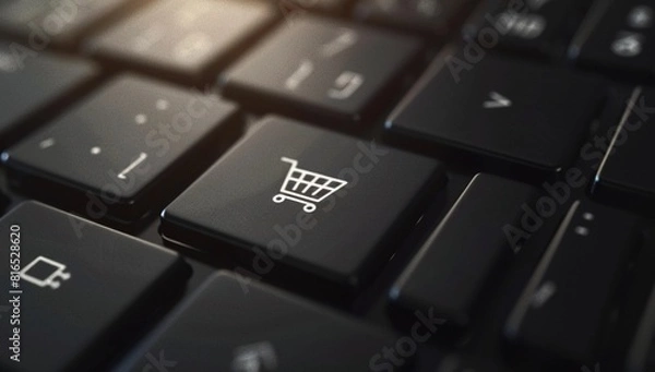 Fototapeta Close-up image of a keyboard with focus on the button displaying a shopping cart icon, symbolizing the convenience and accessibility of online shopping.
