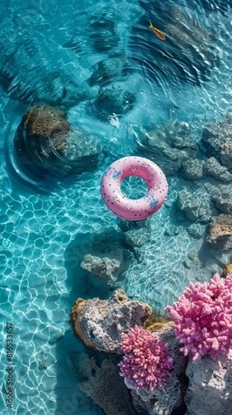 Fototapeta Inflatable Beach Donut Floating on Crystal Clear Sea
