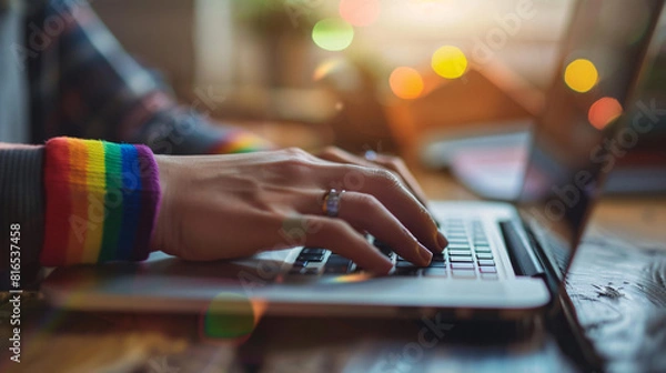 Fototapeta An employee wearing a rainbow wristband while typing on a laptop, symbolizing personal and professional pride