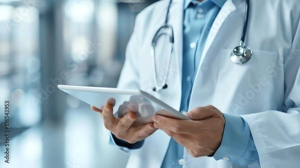 Fototapeta A doctor in a white coat is holding a tablet. He is looking at the screen and he is smiling.