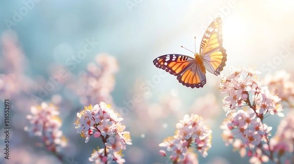 Fototapeta Beautiful blue-yellow butterfly in flight and blossoming apricot tree branch in spring at sunrise