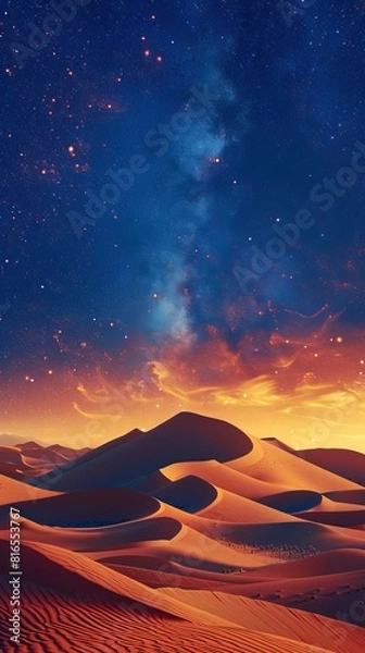 Fototapeta Undulating Sand Dunes form a Beautiful Desert Landscape. Dawn Background with Blue Gradient Starry Sky.