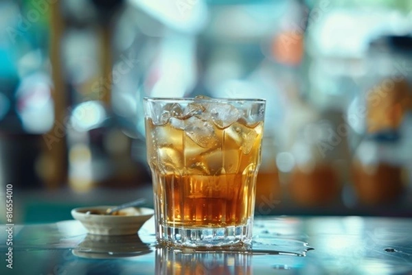 Fototapeta Vietnamese iced coffee in a glass on a table with blurred background