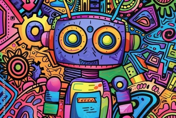 Fototapeta Cartoon cute doodles of a funky robot with colorful gears and buttons, Generative AI