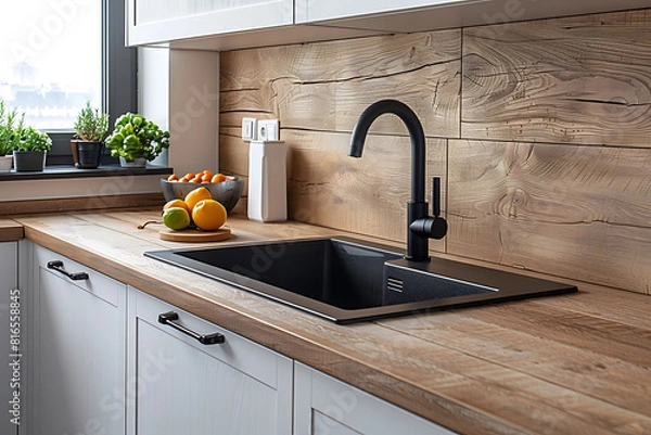 Fototapeta Modern kitchen with kitchen sink with stylish faucet, white cabinets and wooden counter. Luxurious texture tiles on the wall in contemporary interior. Architecture in cozy style.
