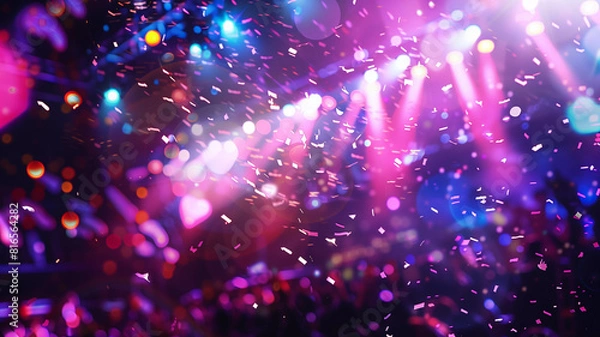 Fototapeta A dynamic music contest stage with performers belting out tunes under vibrant spotlights, confetti adding to the excitement, and a backdrop. Ai generated