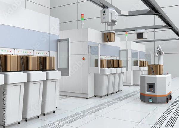 Fototapeta Semiconduct Wafer Cleaning, Etching system and OHT, AGV in Fab cleanroom. Generic design. 3D rendering image.