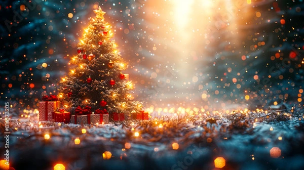 Fototapeta Snowy Background with Christmas Tree and Lights
