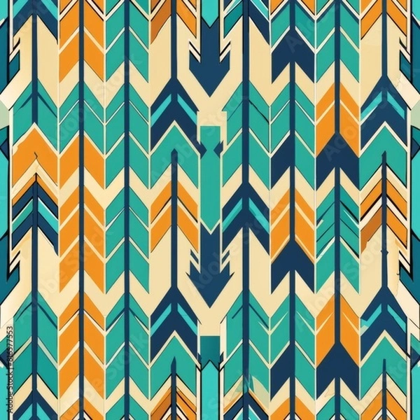 Fototapeta Seamless pattern of geometric arrows and chevrons pointing in different directions, creating a sense of movement and directionality in your gift wrap design, Generative AI