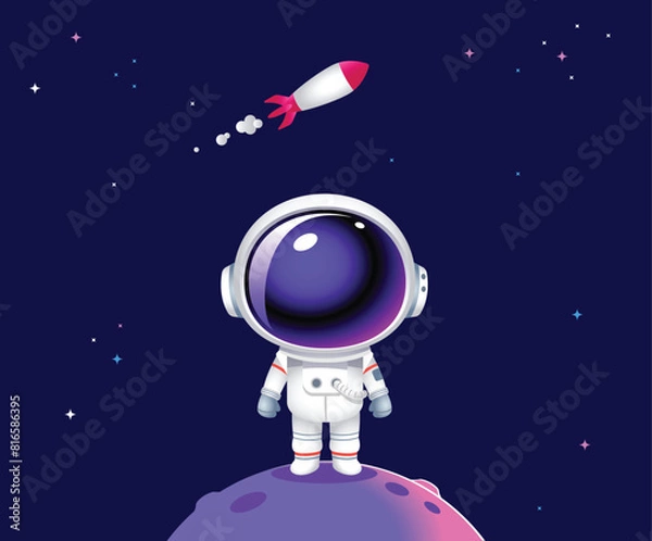 Fototapeta Vector cute Astronaut character Standing on some Planet with a rocket flying in Space