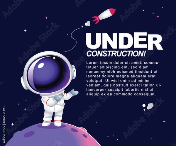 Fototapeta Vector astronaut character on a small planet and a rocket flying on the background of Under construction message board which you can replace text