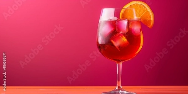 Fototapeta Refreshing cocktail with ice cubes on vivid background with copy space.