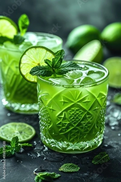 Fototapeta Two glasses filled with limeade and slices of lime on the rim, ready to enjoy a refreshing citrus beverage