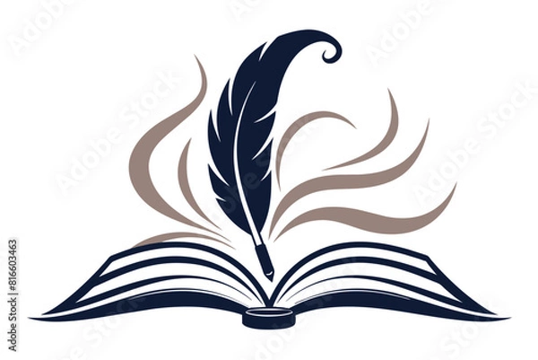 Obraz a logo for Creative Writing depicting a quill pen poised above an open book, with swirling lines suggesting imagination. Vector art illustration