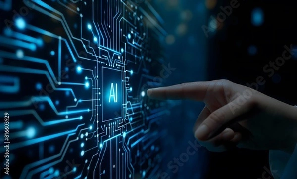 Fototapeta Artificial intelligence and machine learning technology with finger touching AI processor on electronic circuit.
