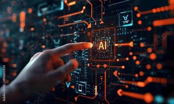 Fototapeta Artificial intelligence and machine learning technology with finger touching AI processor on electronic circuit