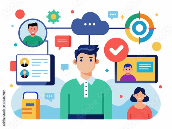Obraz teamwork business meeting online group of business workers. Business vector illustration.