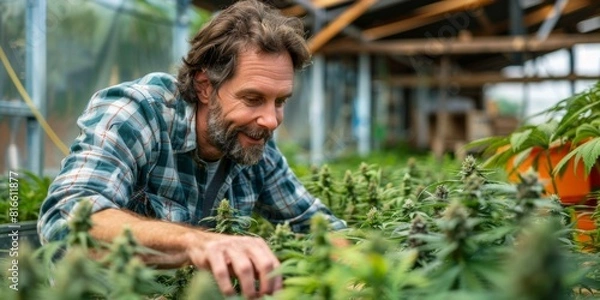 Obraz A farmer inspecting cannabis plants for health and quality in an indoor grow facility.