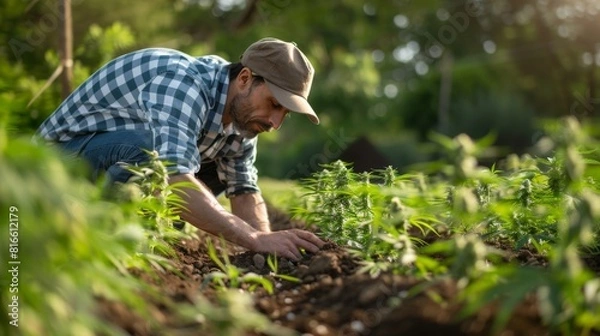 Fototapeta A farmer inspecting the soil quality in a cannabis field