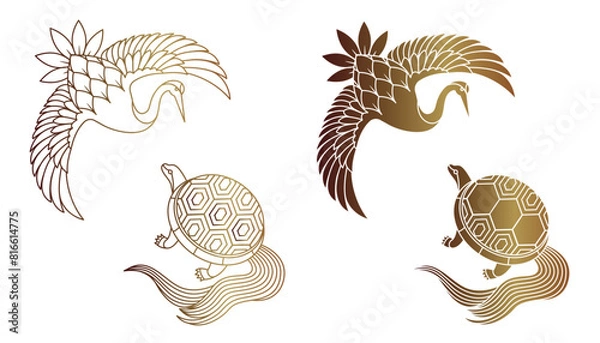 Fototapeta 鶴と亀のイラスト素材セット ベクター 敬老の日 健康 長寿 白背景