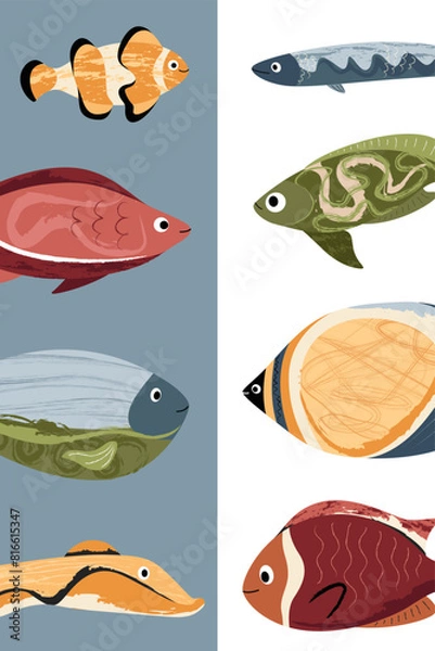 Fototapeta Nautical modern poster, fish. Template for poster, postcard, banner. Vector illustration in flat modern style. 
