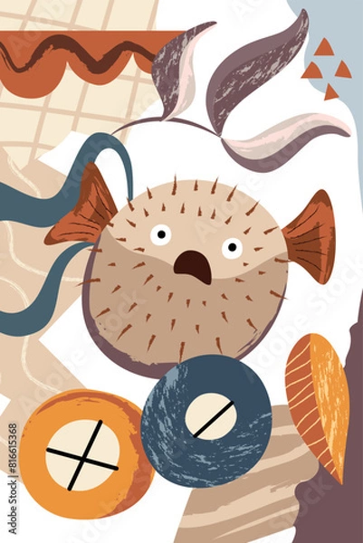 Fototapeta Nautical modern poster. Abstract shapes, fish, sea plants. Template for poster, postcard, banner. Vector illustration in flat modern style. 
