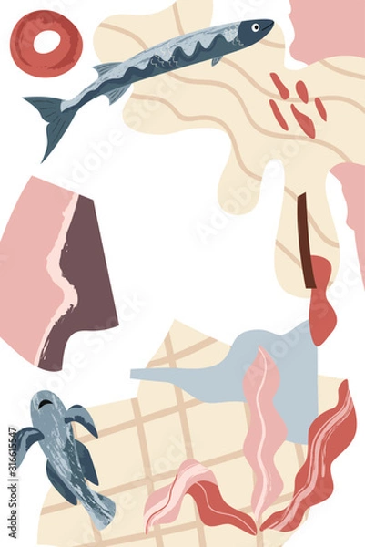 Fototapeta Nautical modern poster. Abstract shapes, fish, sea plants. Template for poster, postcard, banner. Vector illustration in flat modern style. 

