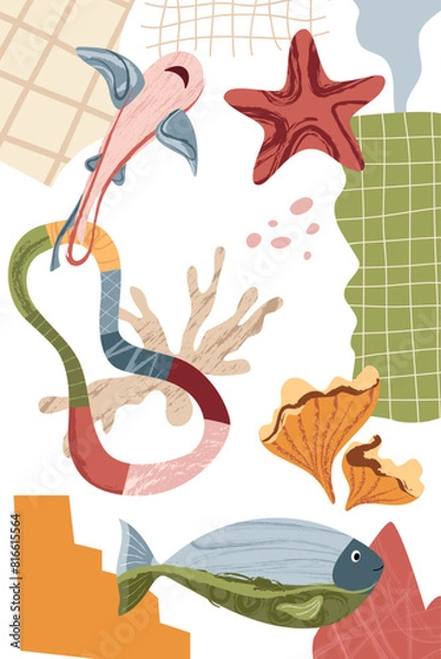 Fototapeta Nautical modern poster. Abstract shapes, fish, sea plants. Template for poster, postcard, banner. Vector illustration in flat modern style. 
