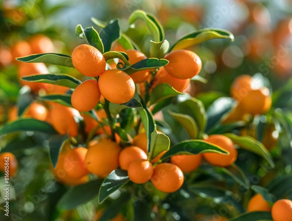 Fototapeta Kumquat branch completely covered with ripe kumquat fruits close up.