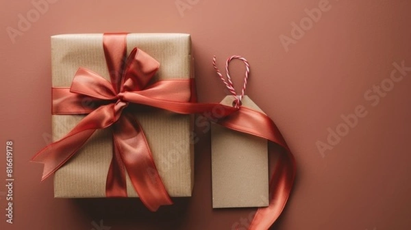 Fototapeta A gift box mock-up with a festive ribbon and customizable tag. mock-up.