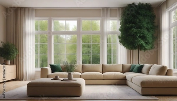 Fototapeta Beige corner white sofa against big windows with round coffee table. 
