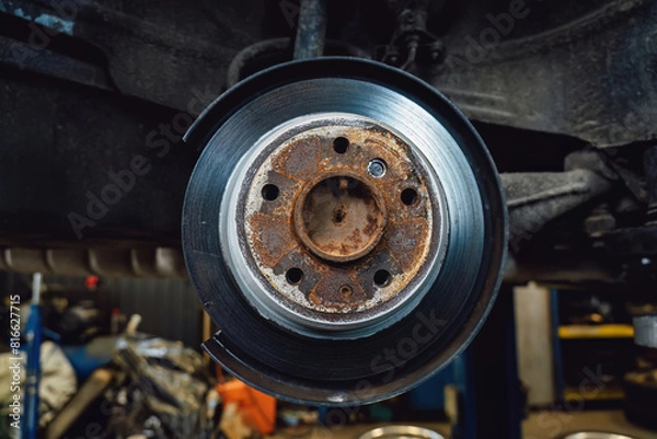 Obraz The rim is removed showing the rotor and caliper. Disc brake on car in process of new tire replacement